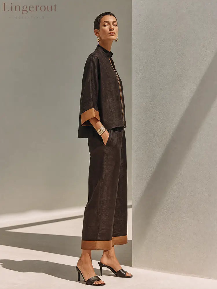 Women’s Dark‑Brown Linen Fabric Stand‑Collared Zip‑Up Crop Top & Wide‑Leg Pants Set - Set