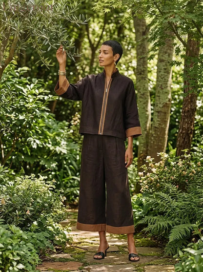 Women’s Dark‑Brown Linen Fabric Stand‑Collared Zip‑Up Crop Top & Wide‑Leg Pants Set - Set