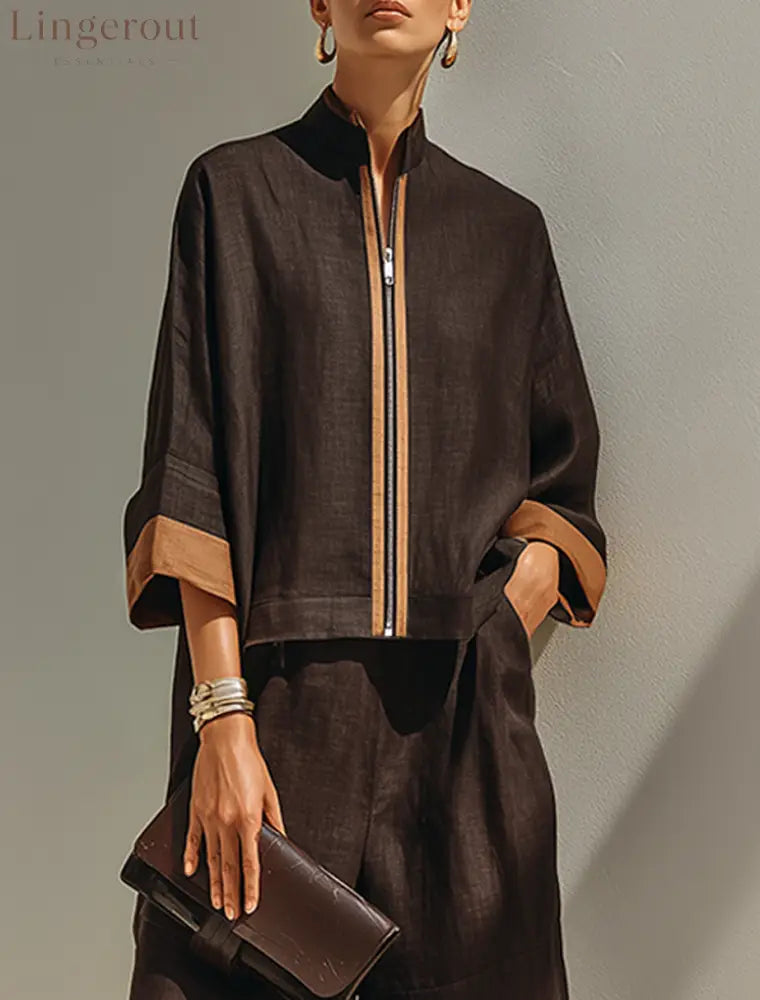 Women’s Dark‑Brown Linen Fabric Stand‑Collared Zip‑Up Crop Top & Wide‑Leg Pants Set - Set