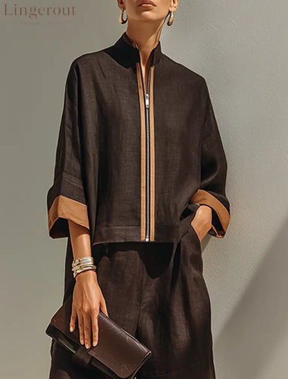 Women’s Dark‑Brown Linen Fabric Stand‑Collared Zip‑Up Crop Top & Wide‑Leg Pants Set - Set