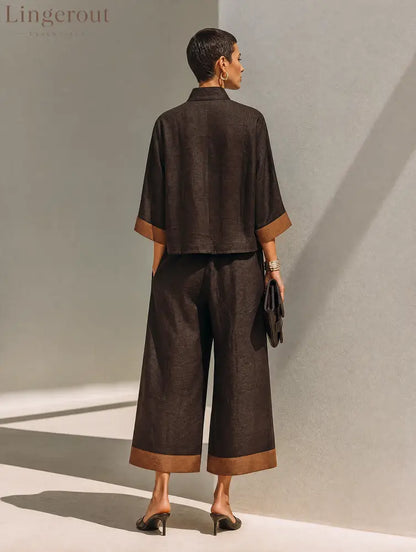 Women’s Dark‑Brown Linen Fabric Stand‑Collared Zip‑Up Crop Top & Wide‑Leg Pants Set - Set