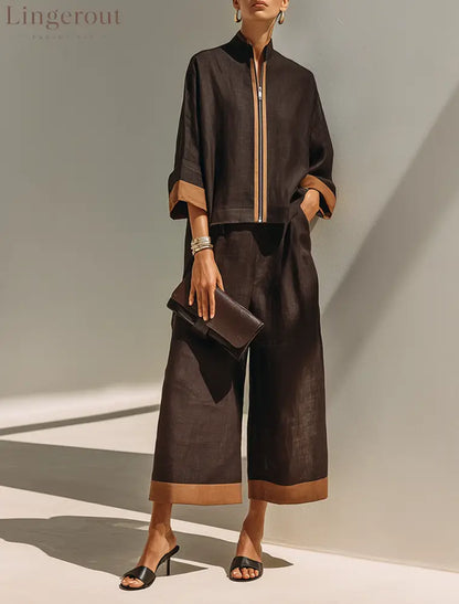 Women’s Dark‑Brown Linen Fabric Stand‑Collared Zip‑Up Crop Top & Wide‑Leg Pants Set - Brown / S - Set