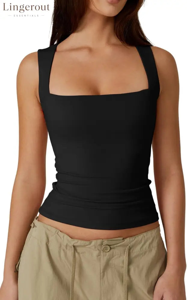 Women’s Double Layer Tank Tops Square Neck Sleeveless Basic Tight T Shirts - Medium / Black