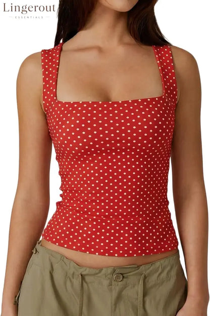 Women’s Double Layer Tank Tops Square Neck Sleeveless Basic Tight T Shirts - Small / Red