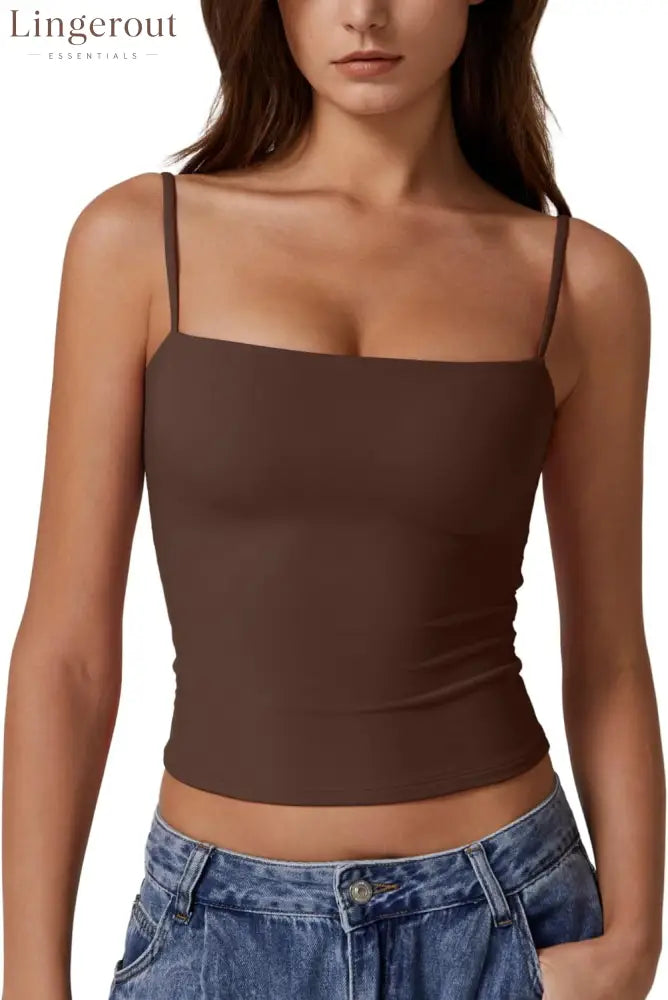 Women’s Double Lined Basic Tank Top Adjustable Spaghetti Straps Sleeveless Camisole Shirts - Medium / Chestnut