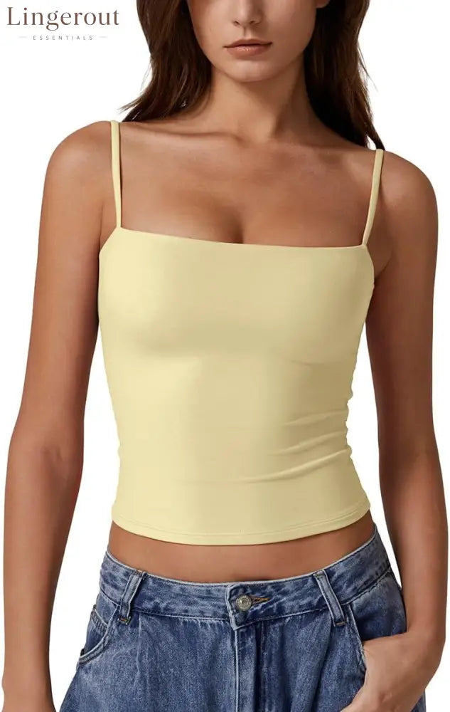 Women’s Double Lined Basic Tank Top Adjustable Spaghetti Straps Sleeveless Camisole Shirts - Medium / Light Yellow