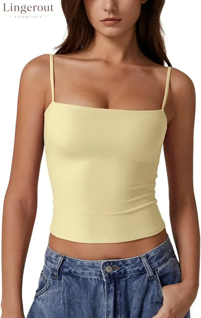 Women’s Double Lined Basic Tank Top Adjustable Spaghetti Straps Sleeveless Camisole Shirts - Medium / Light Yellow