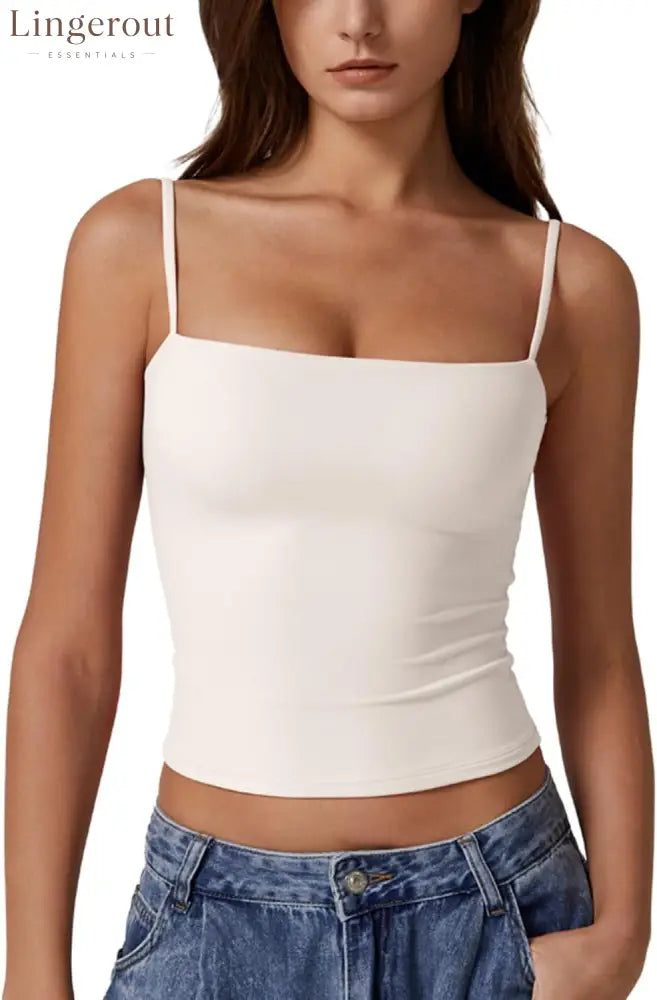 Women’s Double Lined Basic Tank Top Adjustable Spaghetti Straps Sleeveless Camisole Shirts - X-Small / Beige