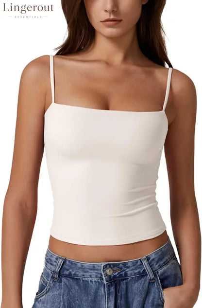 Women’s Double Lined Basic Tank Top Adjustable Spaghetti Straps Sleeveless Camisole Shirts - X-Small / Beige