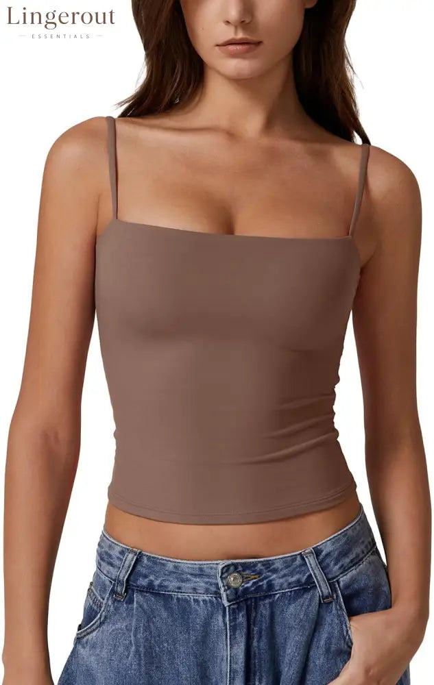 Women’s Double Lined Basic Tank Top Adjustable Spaghetti Straps Sleeveless Camisole Shirts - X-Small / Cacao Nibs