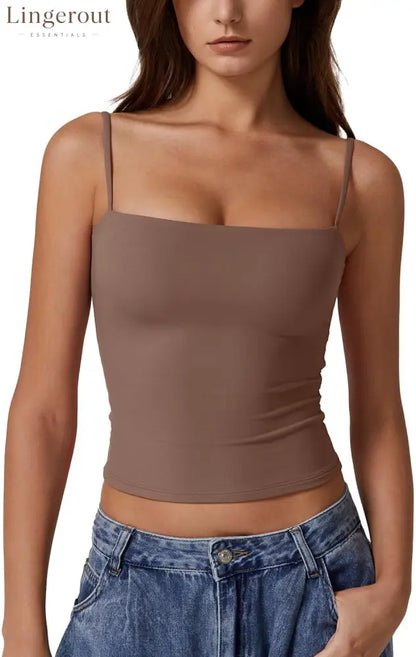 Women’s Double Lined Basic Tank Top Adjustable Spaghetti Straps Sleeveless Camisole Shirts - X-Small / Cacao Nibs