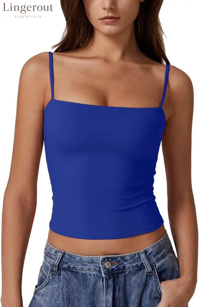 Women’s Double Lined Basic Tank Top Adjustable Spaghetti Straps Sleeveless Camisole Shirts - X-Small / Sapphire