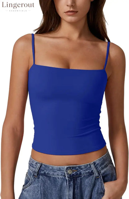 Women’s Double Lined Basic Tank Top Adjustable Spaghetti Straps Sleeveless Camisole Shirts - X-Small / Sapphire