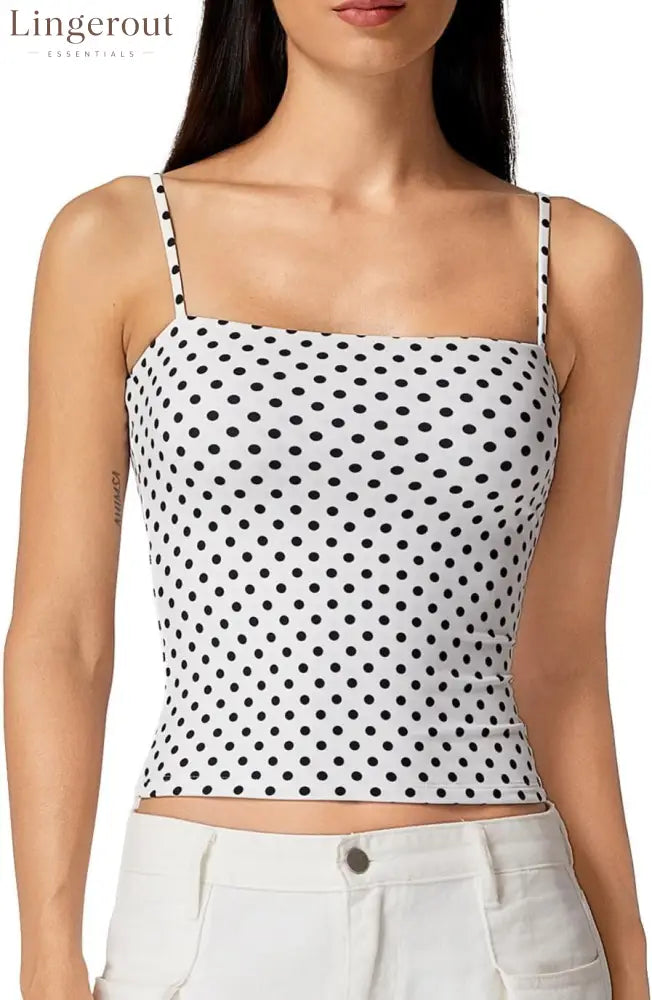 Women’s Double Lined Basic Tank Top Adjustable Spaghetti Straps Sleeveless Camisole Shirts - XX-Small / Black Polka Dots
