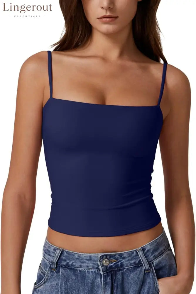 Women’s Double Lined Basic Tank Top Adjustable Spaghetti Straps Sleeveless Camisole Shirts - XX-Small / Estate Blue