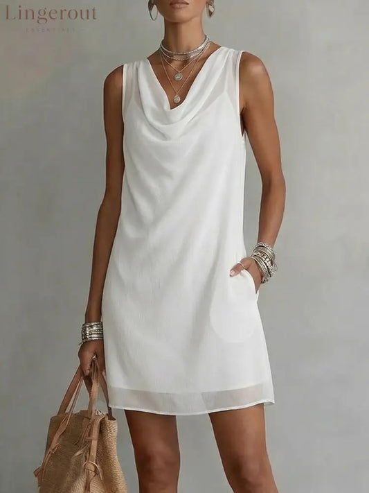 Women’s Draped-neck Sleeveless Chiffon Dress - White / S