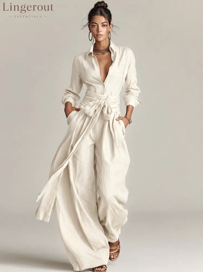 Women’s Elegant Brown Woven Cotton-linen Long-sleeved Shirt Collar Jumpsuit With Belt - White / XS