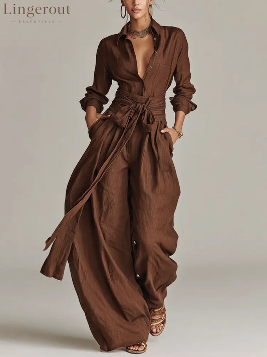 Women’s Elegant Brown Woven Cotton-linen Long-sleeved Shirt Collar Jumpsuit With Belt - Brown / XS