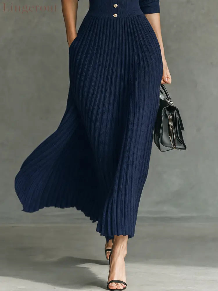 Women’s Elegant Button-Front Collared Pleated Knit Dress - DRESSES