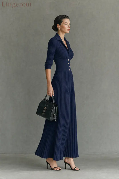 Women’s Elegant Button-Front Collared Pleated Knit Dress - DRESSES