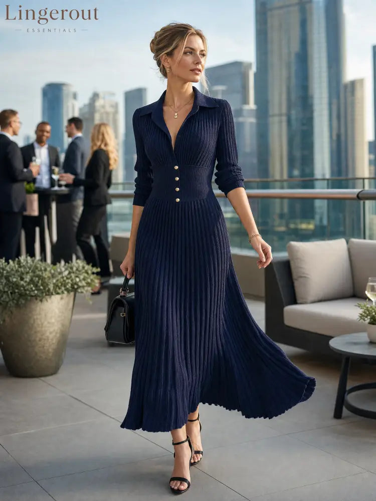 Women’s Elegant Button-Front Collared Pleated Knit Dress - DRESSES