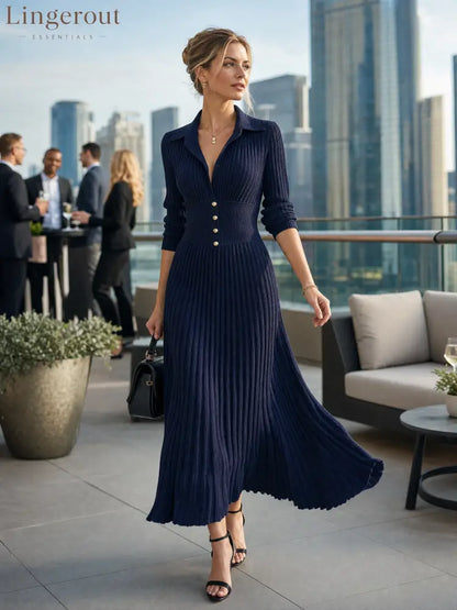Women’s Elegant Button-Front Collared Pleated Knit Dress - DRESSES