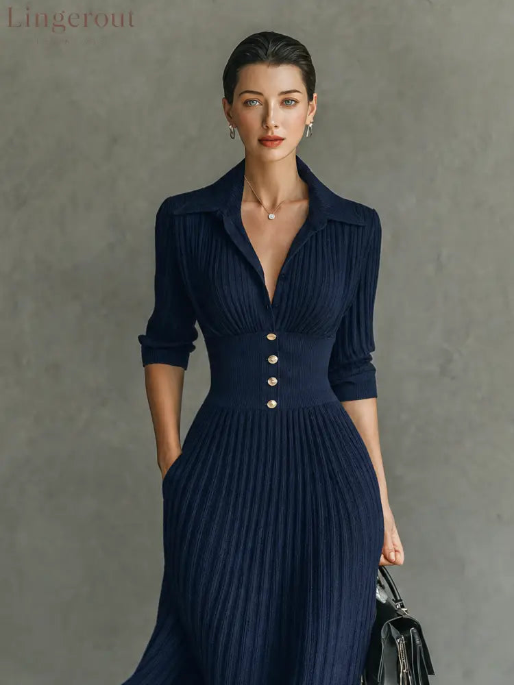 Women’s Elegant Button-Front Collared Pleated Knit Dress - DRESSES