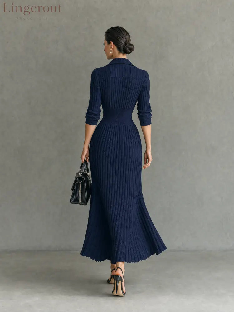 Women’s Elegant Button-Front Collared Pleated Knit Dress - DRESSES