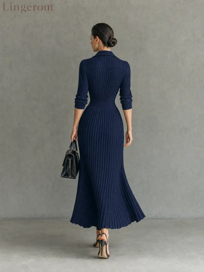 Women’s Elegant Button-Front Collared Pleated Knit Dress - DRESSES