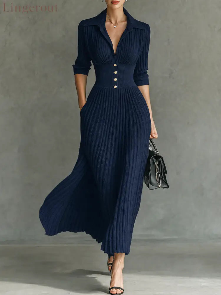 Women’s Elegant Button-Front Collared Pleated Knit Dress - Navy / XS - DRESSES