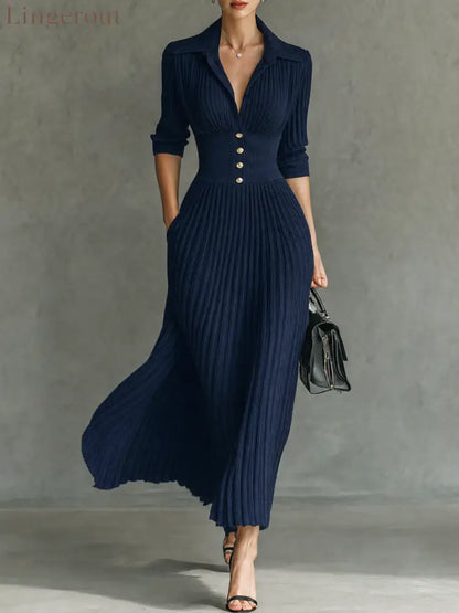 Women’s Elegant Button-Front Collared Pleated Knit Dress - Navy / XS - DRESSES