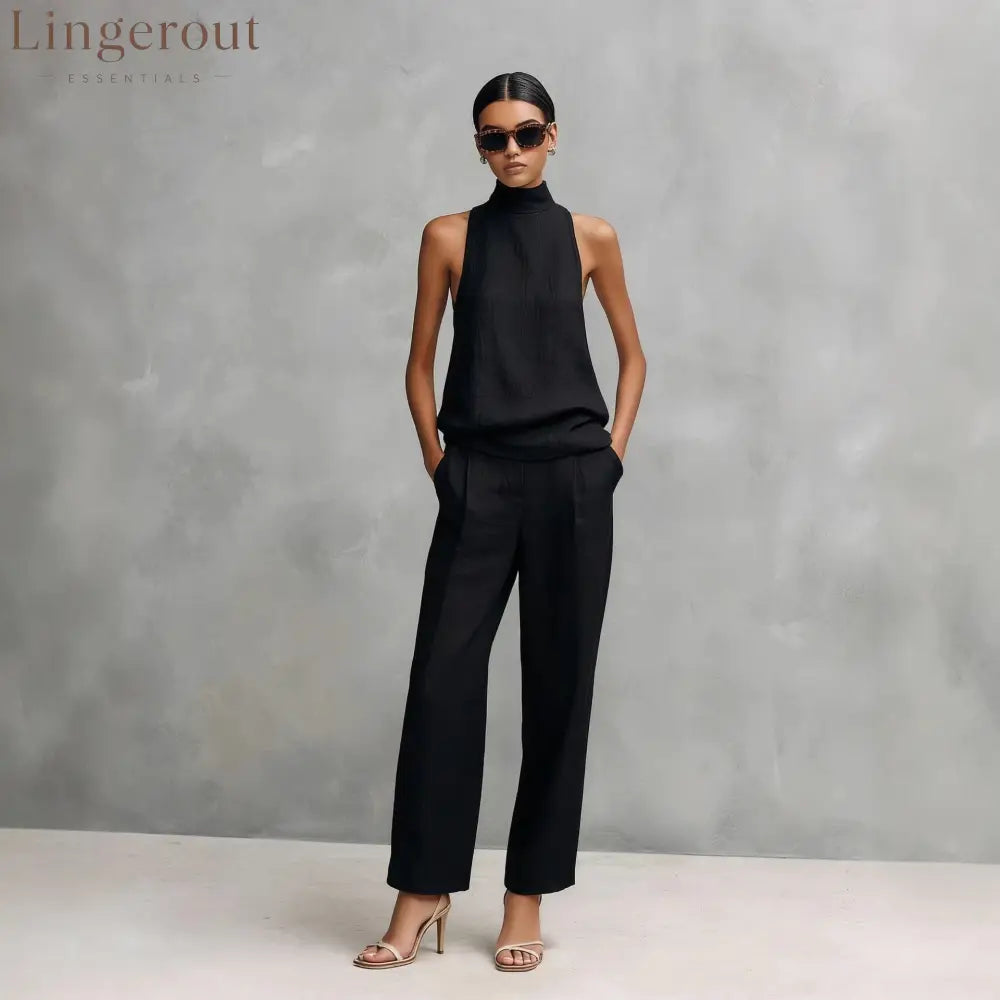 Women’s Elegant Cotton And Linen Round-neck Sleeveless Top And Trousers Set