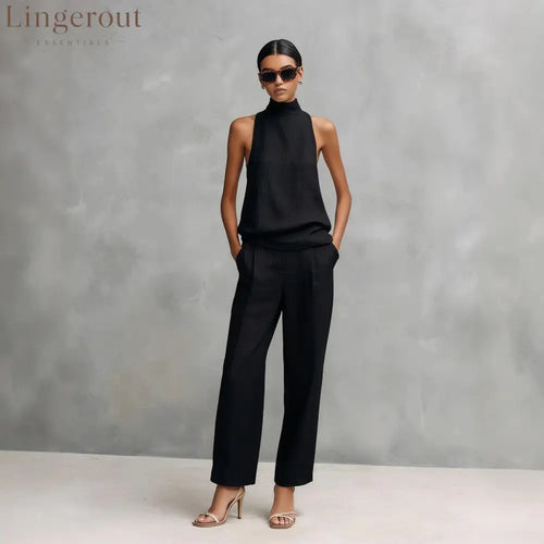 Women’s Elegant Cotton And Linen Round-neck Sleeveless Top And Trousers Set