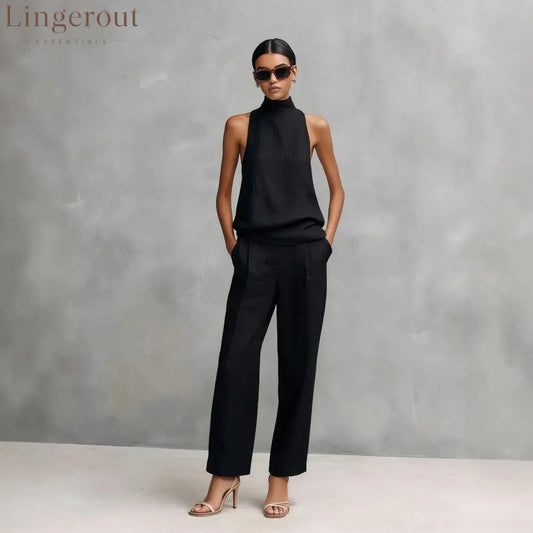 Women’s Elegant Cotton And Linen Round-neck Sleeveless Top And Trousers Set