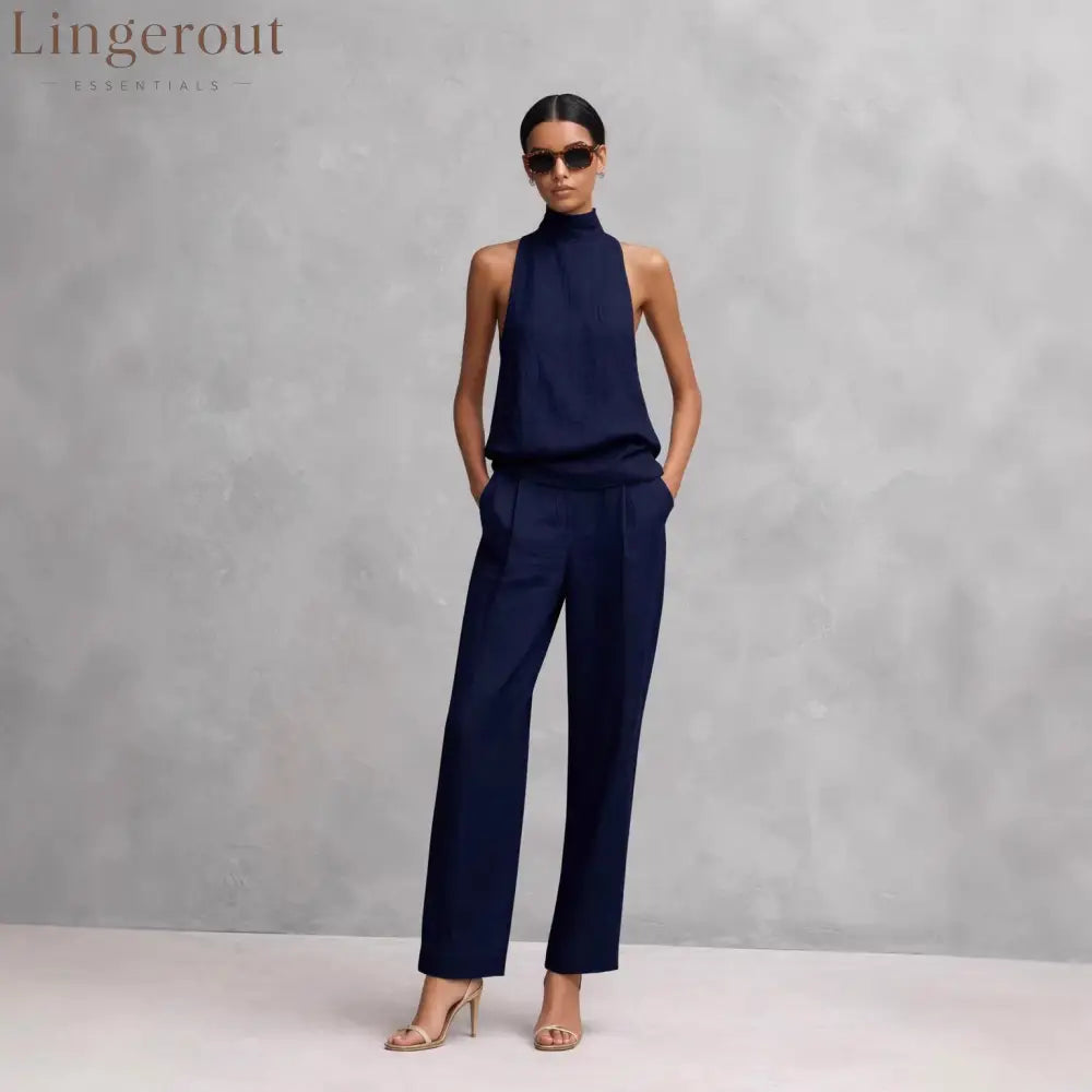 Women’s Elegant Cotton And Linen Round-neck Sleeveless Top And Trousers Set