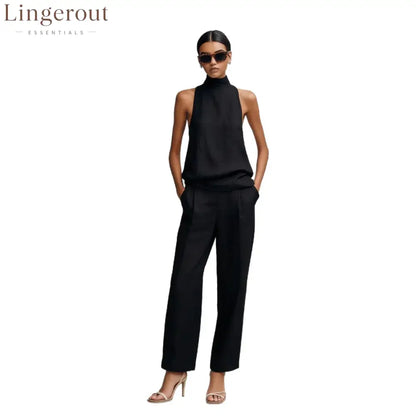 Women’s Elegant Cotton And Linen Round-neck Sleeveless Top And Trousers Set