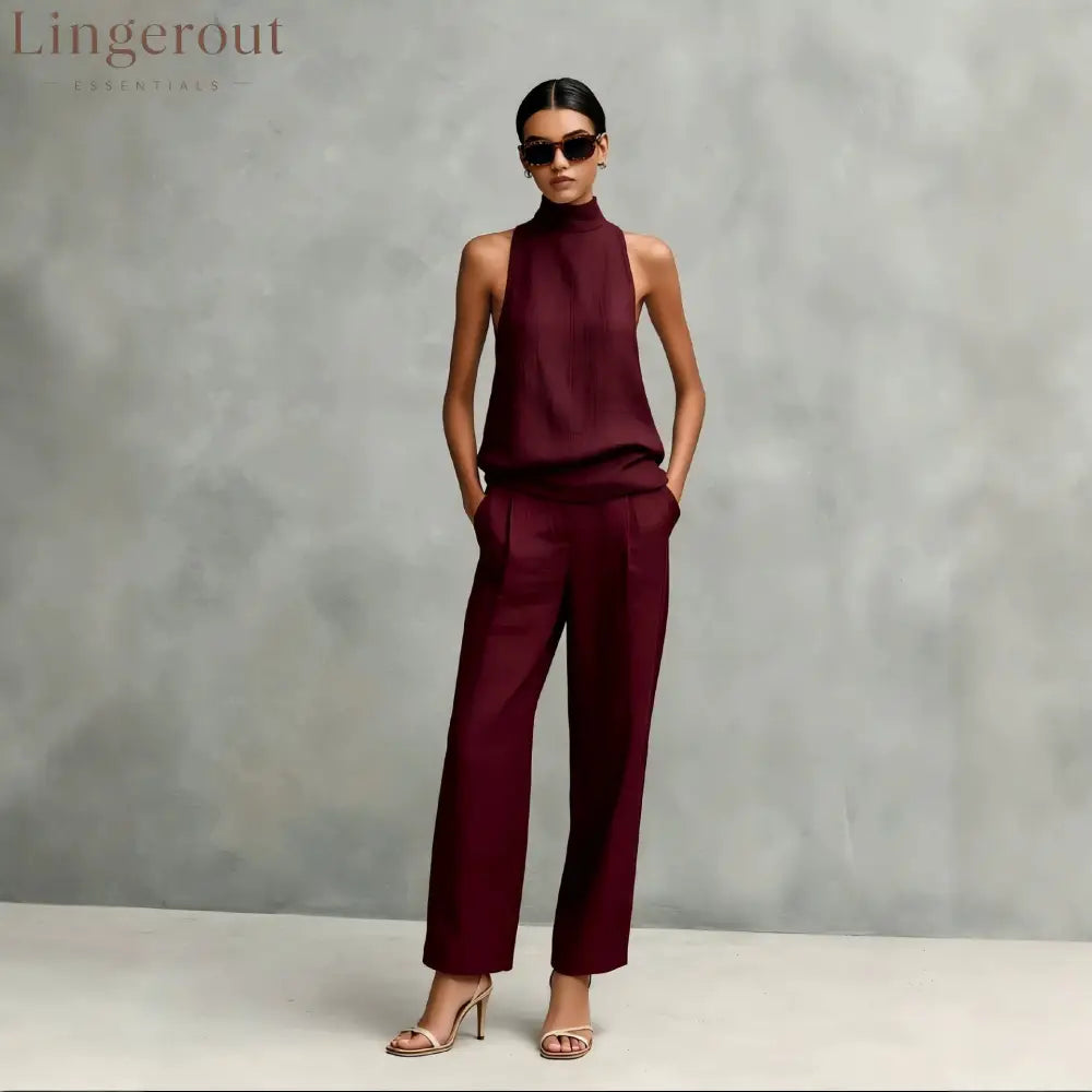 Women’s Elegant Cotton And Linen Round-neck Sleeveless Top And Trousers Set