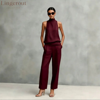 Women’s Elegant Cotton And Linen Round-neck Sleeveless Top And Trousers Set