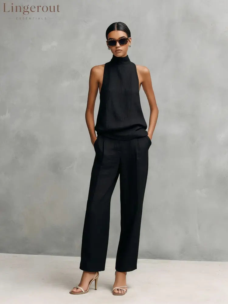 Women’s Elegant Cotton And Linen Round-neck Sleeveless Top And Trousers Set - Black (ready in stock) / S