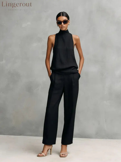 Women’s Elegant Cotton And Linen Round-neck Sleeveless Top And Trousers Set - Black (ready in stock) / S