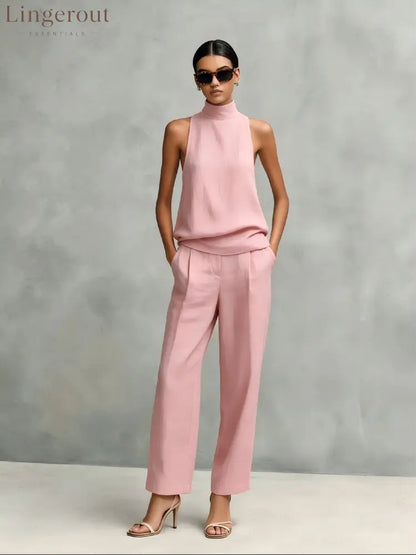 Women’s Elegant Cotton And Linen Round-neck Sleeveless Top And Trousers Set - Pink (ready in stock) / S
