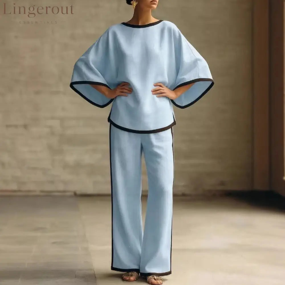 Women’S Elegant Round Neck Loose Bat Sleeves Cotton And Linen Two-Piece Set