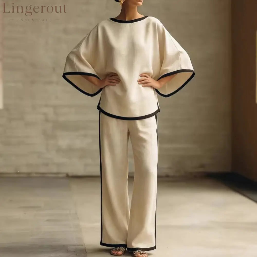 Women’S Elegant Round Neck Loose Bat Sleeves Cotton And Linen Two-Piece Set