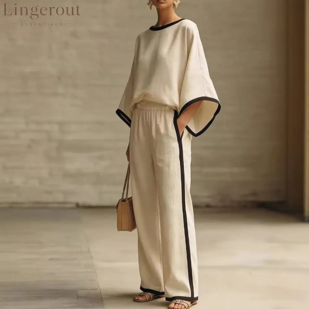 Women’S Elegant Round Neck Loose Bat Sleeves Cotton And Linen Two-Piece Set