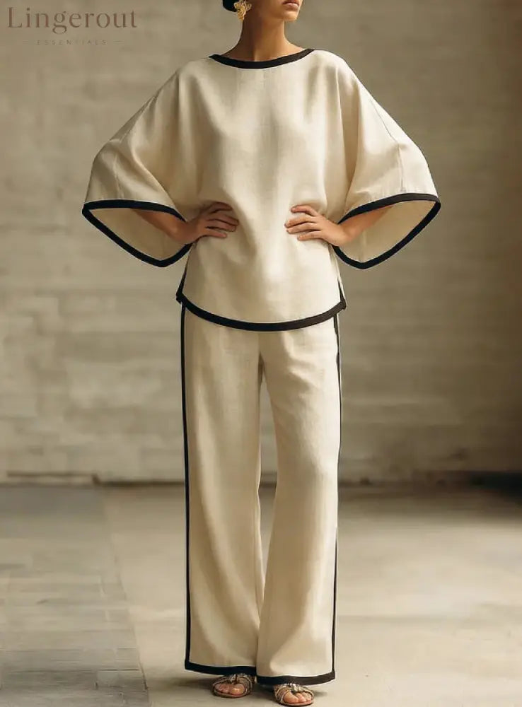 Women’S Elegant Round Neck Loose Bat Sleeves Cotton And Linen Two-Piece Set - Apricot / S