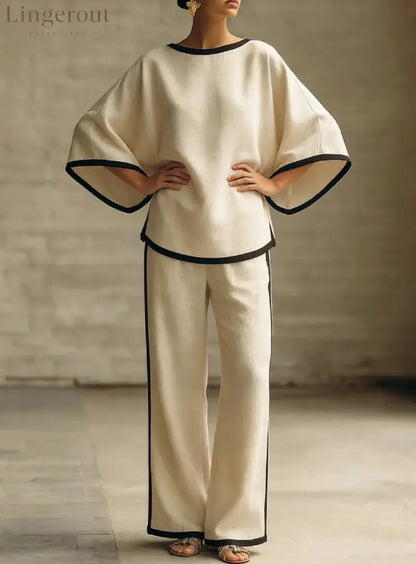 Women’S Elegant Round Neck Loose Bat Sleeves Cotton And Linen Two-Piece Set - Apricot / S