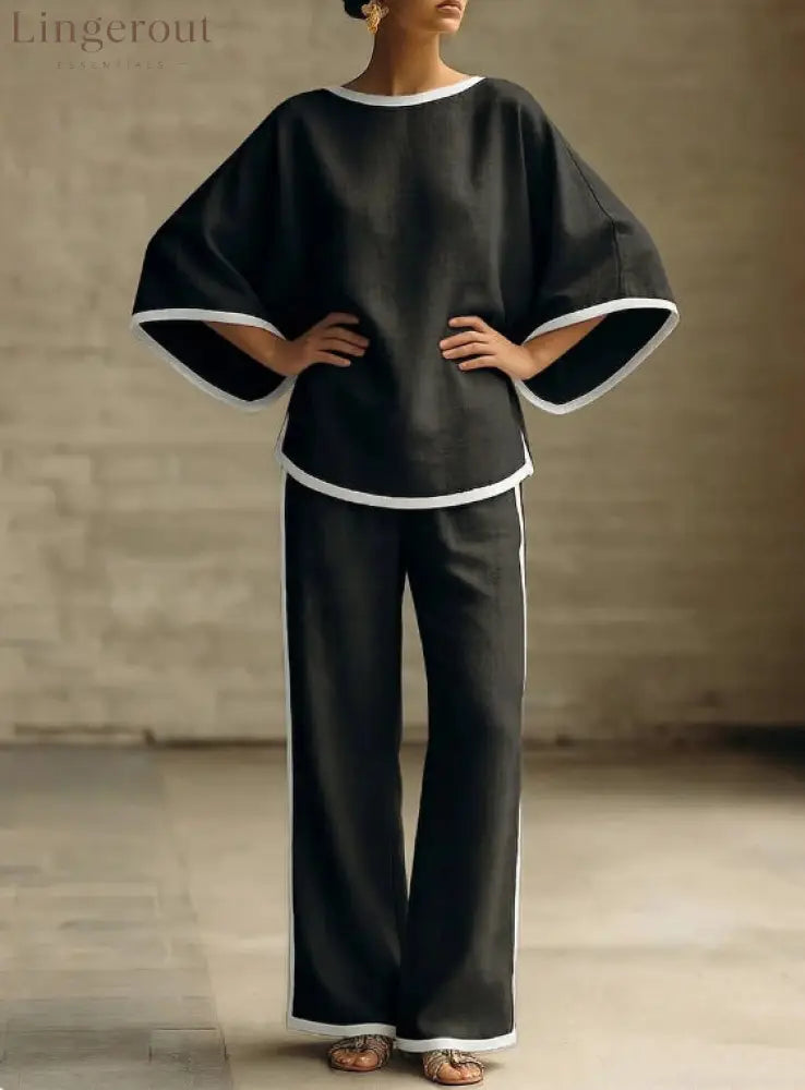 Women’S Elegant Round Neck Loose Bat Sleeves Cotton And Linen Two-Piece Set - Black / S