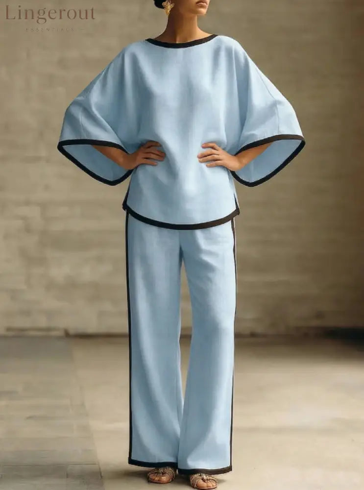 Women’S Elegant Round Neck Loose Bat Sleeves Cotton And Linen Two-Piece Set - Blue / S
