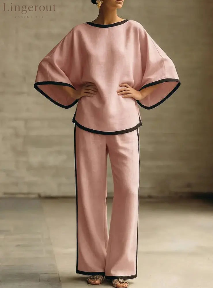 Women’S Elegant Round Neck Loose Bat Sleeves Cotton And Linen Two-Piece Set - Pink / S