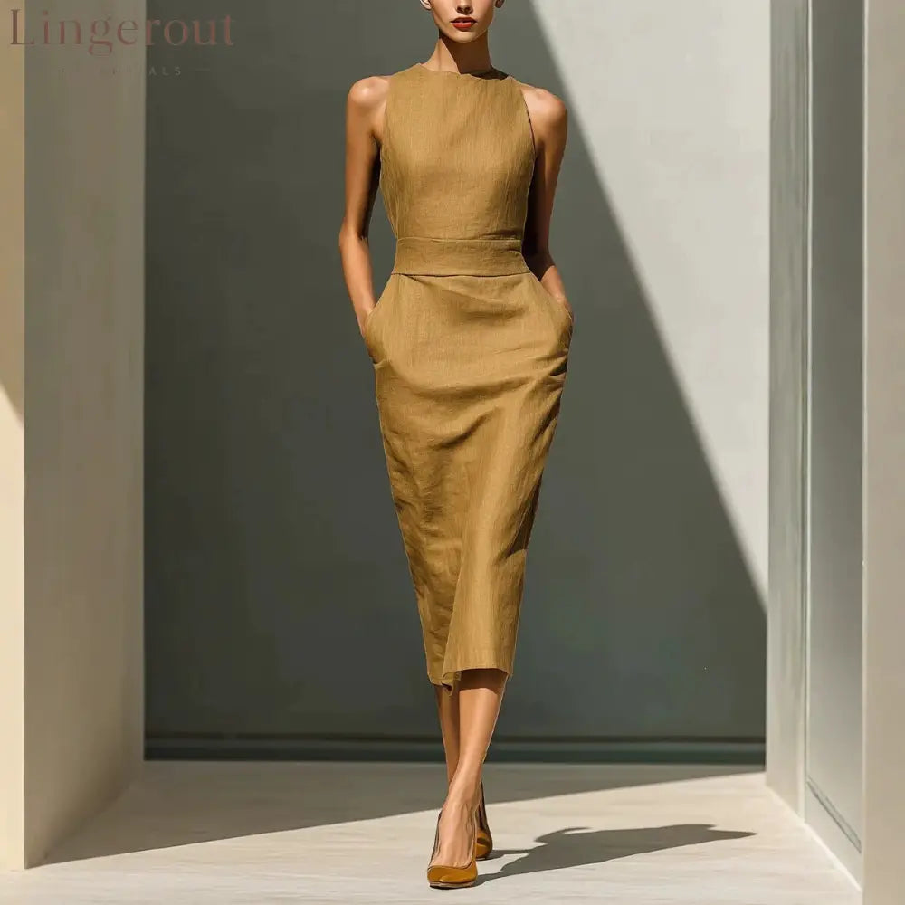 Women’S Elegant Sleeveless Slim Fit Hip-Covering Mid-Length Dress